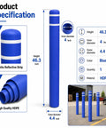 Heavy Duty Blue Safety Bollard Cover 6 Inch Diameter X 46 Inch With High Visibility Reflective Tape shown with dimensions and design details.