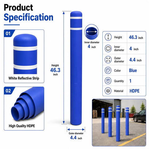 Heavy Duty Blue Safety Bollard Cover 6 Inch Diameter X 46 Inch With High Visibility Reflective Tape shown with dimensions and design details.