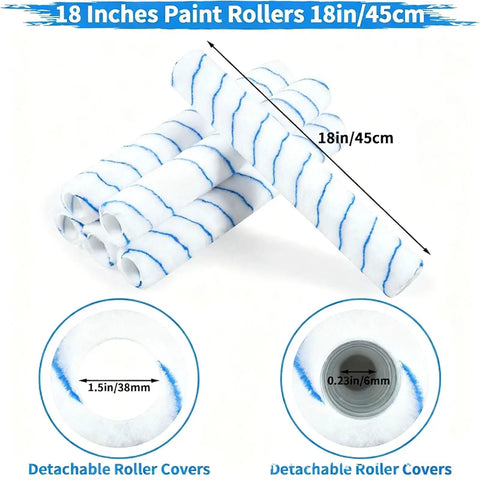 18 Inch Paint Roller Kit With Long Reach Pole And Deep Paint Tray For Fast Wall Ceiling Application featuring five white and blue rollers.