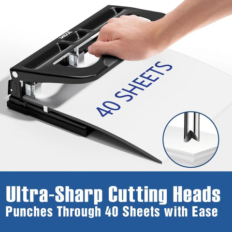 Close-up of a heavy duty 2 or 3 hole punch with adjustable heads, demonstrating 40 sheet capacity, featuring ultra-sharp cutting heads.
