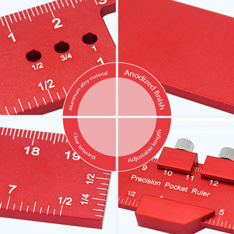 Close-up of red anodized aluminum Woodworking Ruler With Adjustable Guide And 45 Degree Reference, showing clear markings.