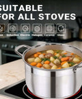 8 Quart Stainless Steel Stock Pot With Heavy Duty 5 Layer Bottom For Induction Cooking filled with soup on stove