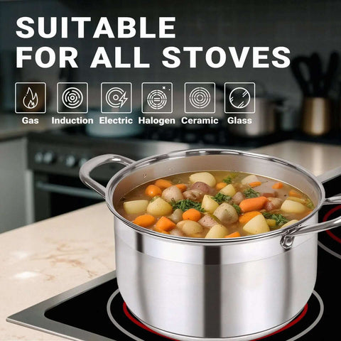 8 Quart Stainless Steel Stock Pot With Heavy Duty 5 Layer Bottom For Induction Cooking filled with soup on stove