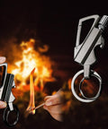 Infinity Permanent Match Lighter With Multitool Keychain Bottle Opener, shown with lit flame against fire background