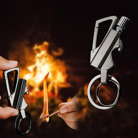 Infinity Permanent Match Lighter With Multitool Keychain Bottle Opener, shown with lit flame against fire background