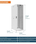 Rock Solid 52U Server Rack Cabinet Pre Assembled Network Setup Ready To Roll With Free Swivel Casters And No Sweat Assembly Heavy Duty Gear Hogging 3000 Lb Capacity Bright White Enclosure specifications image showing dimensions and features.