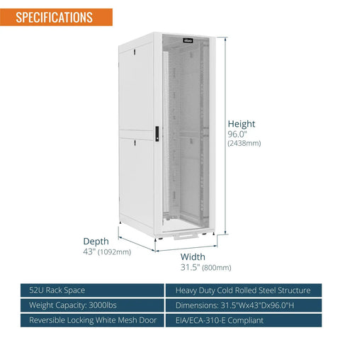 Rock Solid 52U Server Rack Cabinet Pre Assembled Network Setup Ready To Roll With Free Swivel Casters And No Sweat Assembly Heavy Duty Gear Hogging 3000 Lb Capacity Bright White Enclosure specifications image showing dimensions and features.