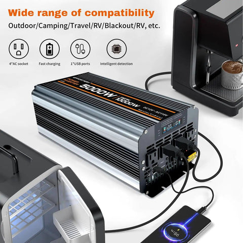 Heavy-Duty 5000W DC 12V To 110V Inverter For Off-Grid Camping And RV Use, 10000W Peak, LCD Display, Wireless Remote, Four AC Outlets