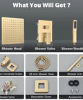Brushed Gold Boss Luxury Shower Faucet Set With Rainfall System 10-Inch Shower Head Wall-Mounted Brass Trim Kit All Brass Construction Includes Valve Easy-Clean No-Clog Design components layout
