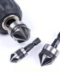 Three Piece Countersink Drill Bit Set With 82 Degree Angle, 3 Flutes, Pro Grade Quick Change Hex Shank, shown with drill