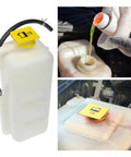 Engine Coolant Reservoir Cap 2 Pack No Fuss Upgrade Compatible With Grand Voyager Wrangler Cherokee OEM 55111074AA 52079331 Premium ABS Water Tank Cap showing coolant pouring and yellow cap installed on tank