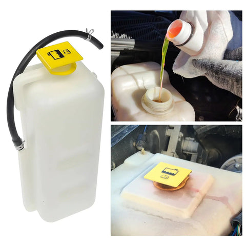 Engine Coolant Reservoir Cap 2 Pack No Fuss Upgrade Compatible With Grand Voyager Wrangler Cherokee OEM 55111074AA 52079331 Premium ABS Water Tank Cap showing coolant pouring and yellow cap installed on tank