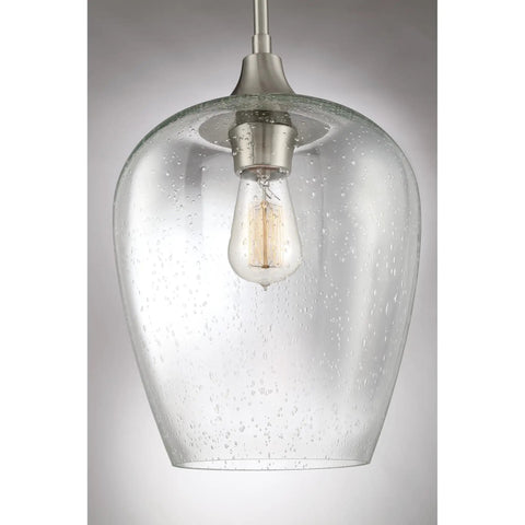 One Light Brushed Nickel Mini Pendant With Clear Seeded Glass Shade Sloped Ceiling Compatible Hanging Light Close-up View