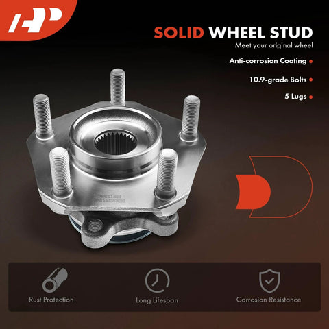 2 Pack Front Wheel Bearing And Hub Assembly For 2013-2019 Nissan Sentra, 2013-2017 Leaf, 2013-2019 NV200, 2015-2018 City Express 5 Lug Drop In Replacement With High Load Capacity For Smooth Quiet Ride, displaying rust protection and corrosion resistance features.