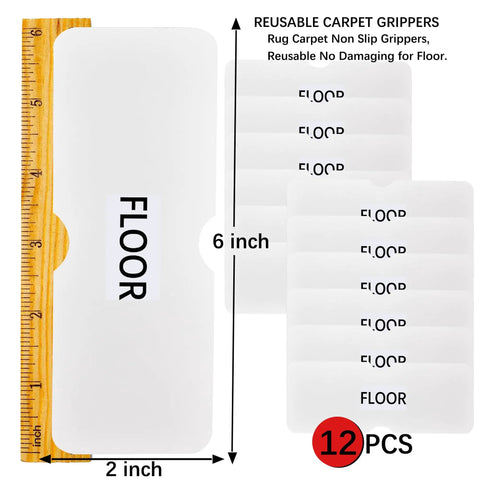 12 Pack Double Sided Rug Tape With Corner Grippers, 6x2 inch size, for hardwood floors, keeps rugs flat and in place