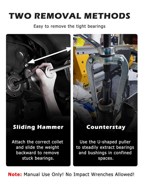 Diagrams showing two removal methods for Blind Hole Collet Bearing Puller Set With Slide Hammer, using sliding hammer and counterstay.