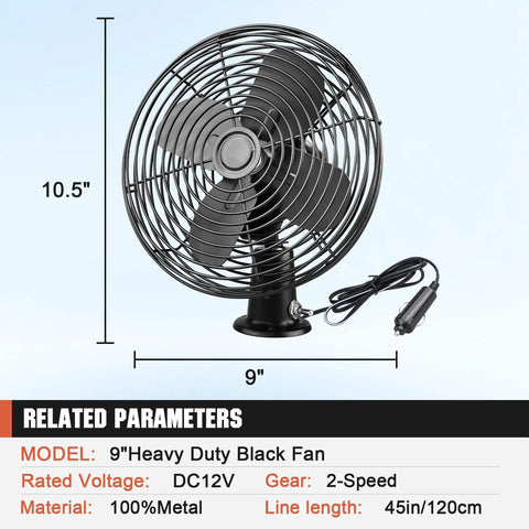 12V Heavy Duty 8 Inch Metal Fan For RV Truck Bus Boat Forklift Car Camper Lawn Mower Tractor Cooling With Two Speed Black