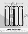 Dope Under Cabinet Capsule Organizer For Vertuo Pods 20 Capacity Adhesive showing dimensions and capsule access arrows