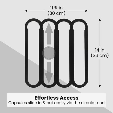 Dope Under Cabinet Capsule Organizer For Vertuo Pods 20 Capacity Adhesive showing dimensions and capsule access arrows