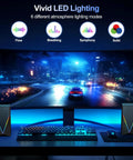 Desktop Computer Speakers With 6 Colorful RGB Lights USB Powered HiFi Stereo 2 Channel Enhanced Bass And Volume Control 3 5mm Aux Headphone Jack For Laptop Monitor PC Tablet And Phone next to gaming monitor with vivid LED lighting.