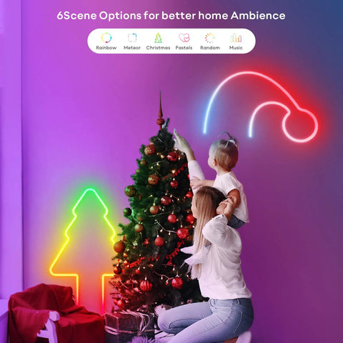 Mother and child decorating a Christmas tree with colorful neon rope lights, featuring 10 ft RGBIC LED Strip With Music Sync.