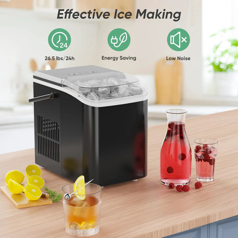 DUMOS countertop ice maker with handle, black compact unit with clear lid and 26 lbs/24h capacity
