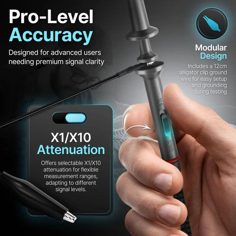 2 Pack X1 X10 100MHz Oscilloscope Probe Clips with Free Accessory Kit held in hand, showing modular design and attenuation features.