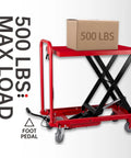 Heavy Duty 500 Lb Hydraulic Manual Scissor Lift Table Cart With Wheel Lock And Foot Pedal shown with 500 lb capacity box