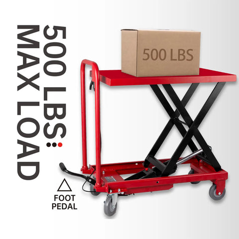 Heavy Duty 500 Lb Hydraulic Manual Scissor Lift Table Cart With Wheel Lock And Foot Pedal shown with 500 lb capacity box