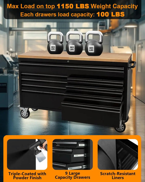 61-Inch Heavy-Duty Rolling Tool Chest And Mobile Workbench With 9 Drawers, Rubber Wood Tabletop, Key Locking System, Drawer Liners And Wheels, Steel Storage Cabinet For Garage And Workshop