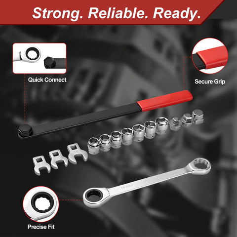 Universal Serpentine Belt Ratcheting Tool Set 15 Piece Pro Grade Belt Tensioner Kit with tools displayed on black background