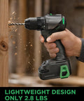Badass 20V Brushless Cordless Drill Driver Set With 443 Inch Pounds Torque Two Speed Gears And 20 Ah Battery drilling into wood.