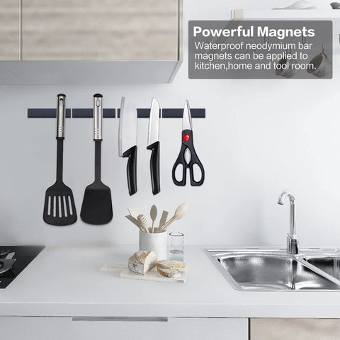 LOVIMAG rare earth neodymium bar magnets with epoxy coating, 60x10x3 mm, pack of 12, installed on a kitchen rail.