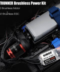 Beefed Up High Performance Brushless Motor And 80 Amp ESC Combo For One Eighth And One Tenth Scale RC Crawlers Including Axial SCX10 And TRX 4 TRX 6 Off Road Trucks With USB Linker Speed Control Programming, shown installed in an RC vehicle.