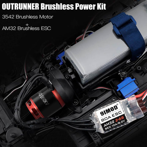 Beefed Up High Performance Brushless Motor And 80 Amp ESC Combo For One Eighth And One Tenth Scale RC Crawlers Including Axial SCX10 And TRX 4 TRX 6 Off Road Trucks With USB Linker Speed Control Programming, shown installed in an RC vehicle.