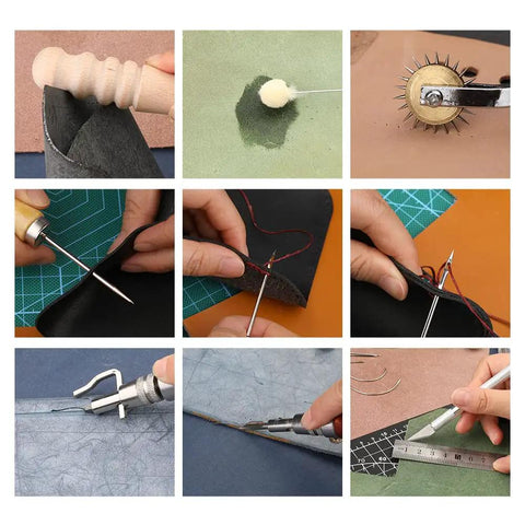 Collage showcasing Leather Working Tools Kit For Beginners And Hobbyists, 7 In 1 Stitching Groover Awl Set With Waxed Thread, Hole Punch