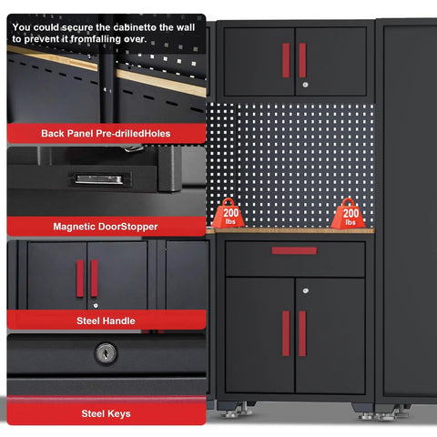 Top Shelf Heavy Duty Steel Garage Storage Cabinet System With Smooth Rolling Tool Chest And Secure Locking Drawers For A Zero Sweat Workshop Setup That Frees Up Major Floor Space with detailed views of the magnetic door stopper and pre-drilled back panel.