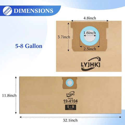 5 Pack Vacuum Bags For 5 To 8 Gallon Wet Dry Shop Vacuums Replacement Dust Collection Bags Disposable Bags That Fit Most 5 To 8 Gallon Vacuums And DXV Series Heavy Duty showing dimensions and fit