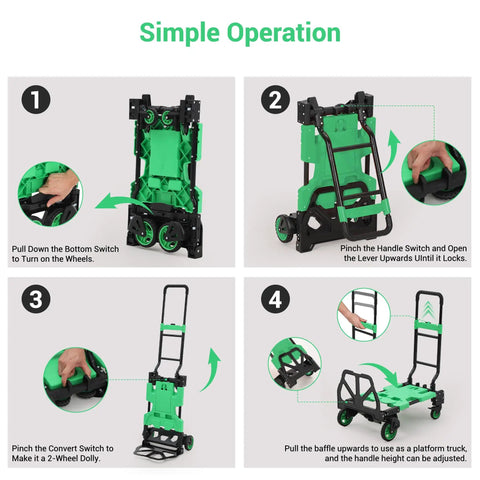 2-In-1 Folding Hand Truck With Basket Hauls 330 Lb Capacity And Switches From Upright Two-Wheel Dolly To Four-Wheel Platform Cart For Easy Moving Of Boxes Luggage Groceries And Home Gear Green, shown in folding steps