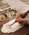Person using adjustable temperature pen from All In One Wood Burning Kit For Beginners And Newbies with designs on wood surfaces
