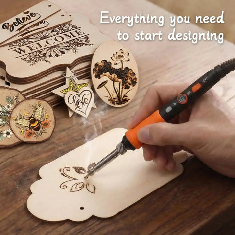 Person using adjustable temperature pen from All In One Wood Burning Kit For Beginners And Newbies with designs on wood surfaces