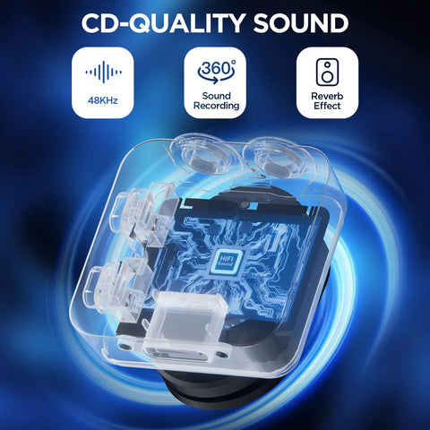 Illustration of wireless lavalier microphone circuitry highlighting CD-quality sound features and AI noise reduction.