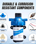 Quiet 12V RV Water Diaphragm Pump Replacement For Camper Marine Boat Travel Trailer And Off Grid Use On Demand Self Priming With Adjustable Pressure Switch 3 Point 5 GPM 45 PSI showing durable materials and components.