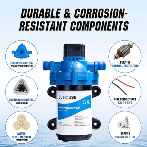 Quiet 12V RV Water Diaphragm Pump Replacement For Camper Marine Boat Travel Trailer And Off Grid Use On Demand Self Priming With Adjustable Pressure Switch 3 Point 5 GPM 45 PSI showing durable materials and components.