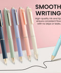 Bible Study Highlighter And Pen Set 12 Pack No Bleed Pastel Highlighters And Black Ink Pens displayed on a pink background.