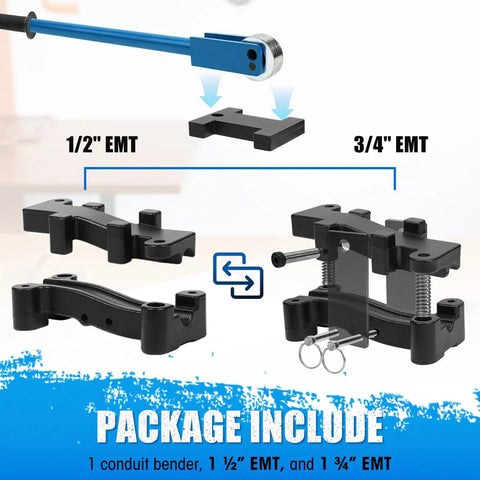 SDSNTE 2-In-1 Conduit Offset Bender For 1/2 Inch And Three Quarter EMT Electrician Grade Box Breaker Tool Quick Swap Design Durable Steel Construction Professional Quality Electrical Wiring Kit parts layout including 1/2" EMT and 3/4" EMT.