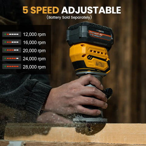 Cordless Brushless Palm Router Bare Tool With Dope 5 Speed Variable 10000 To 28000 RPM 600W in use for woodworking