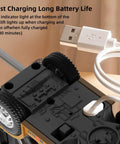 Mini RC Forklift Toy One Sixty Fourth Scale with USB charging cable connected highlighting battery indicator