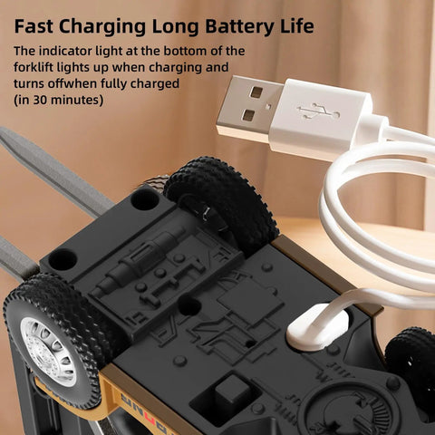 Mini RC Forklift Toy One Sixty Fourth Scale with USB charging cable connected highlighting battery indicator