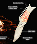 Copper Damascus Fish Style Folding Knife With Ladder Pattern Blade Handcrafted EDC Pocket Knife for Hunting Camping and Outdoor Use